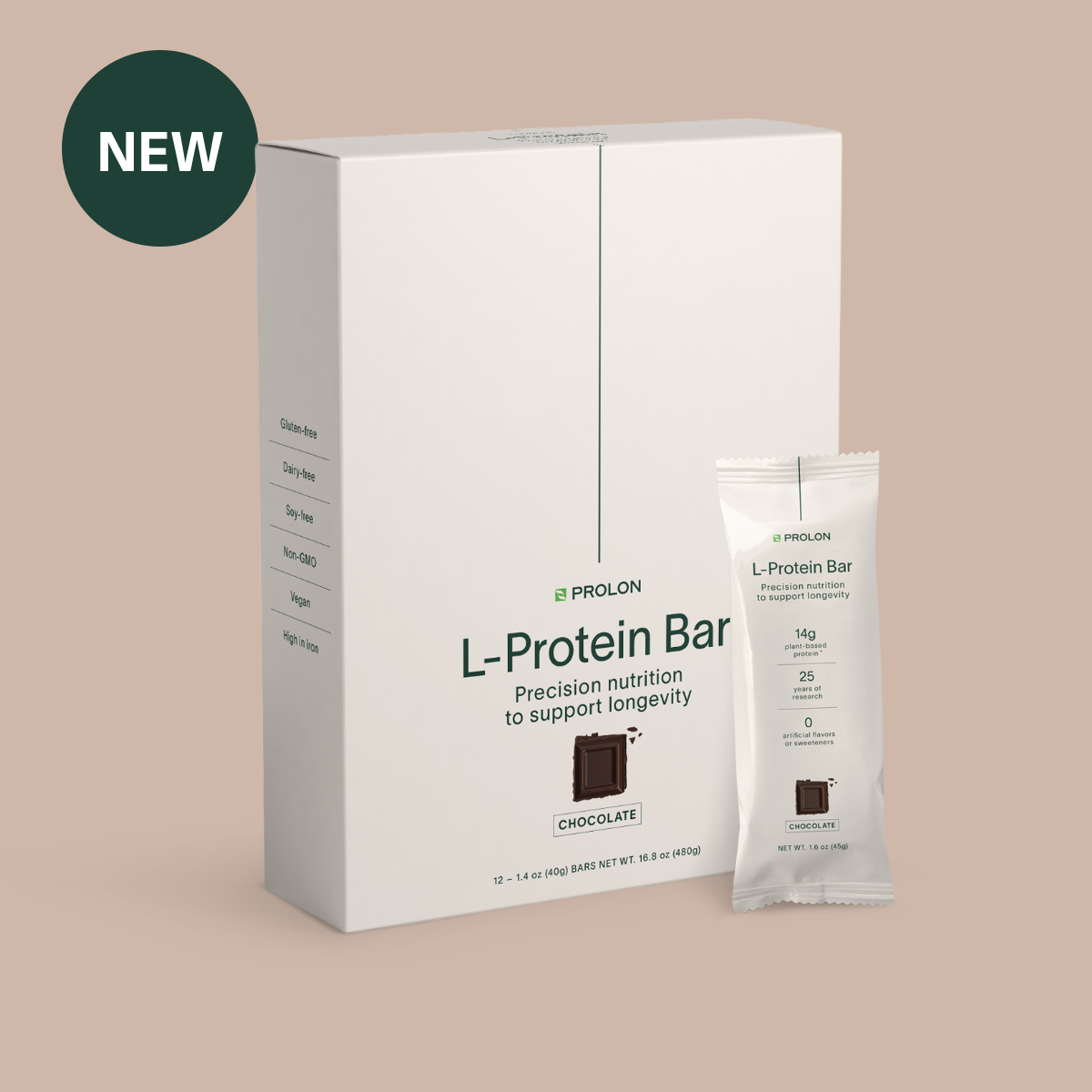 Box and single pack of L-Protein Bar by ProLon with chocolate flavor for longevity and muscle health protein nutrition