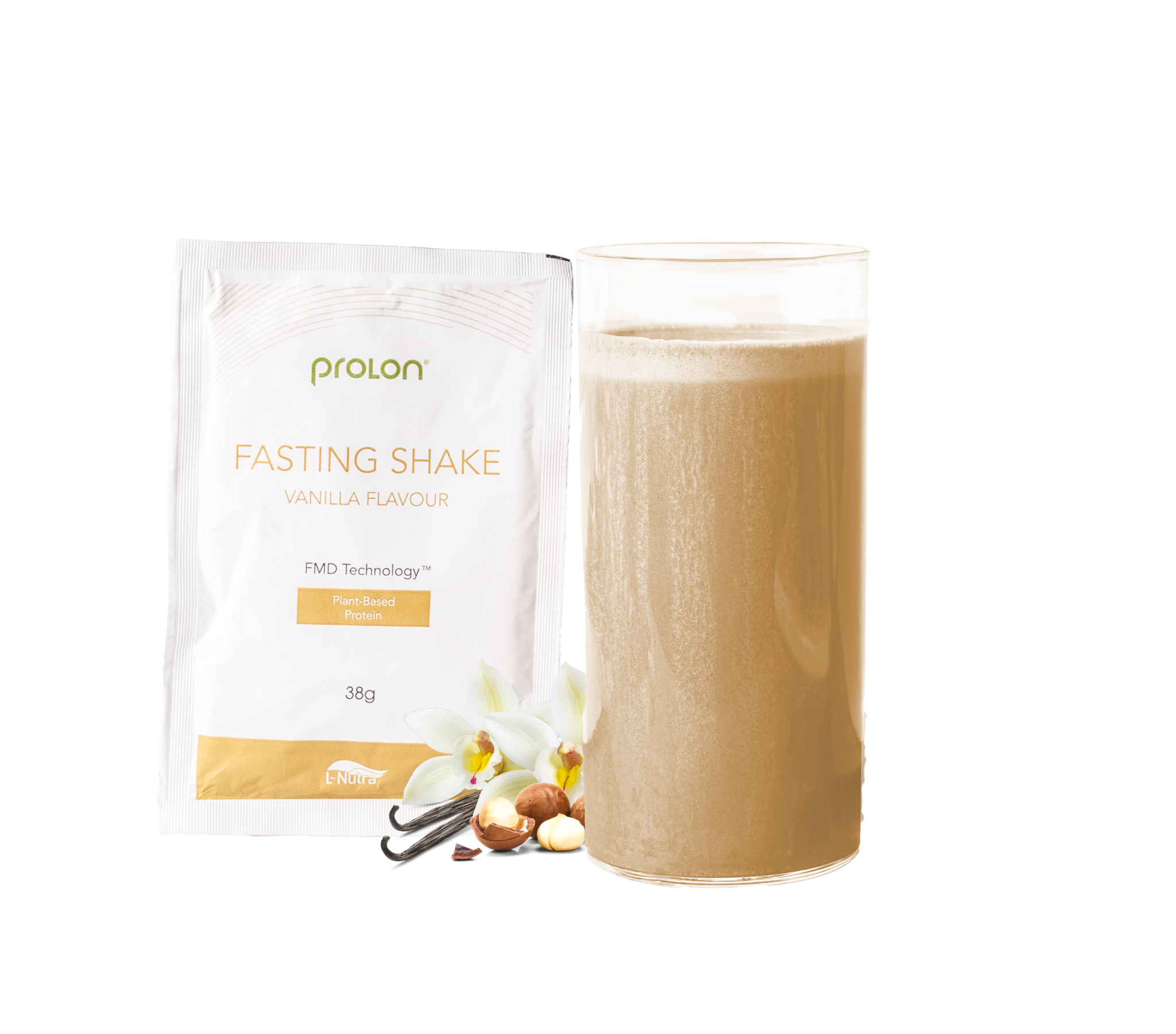ProLon Fasting Shake vanilla flavor plant-based protein with glass of shake and vanilla flowers
