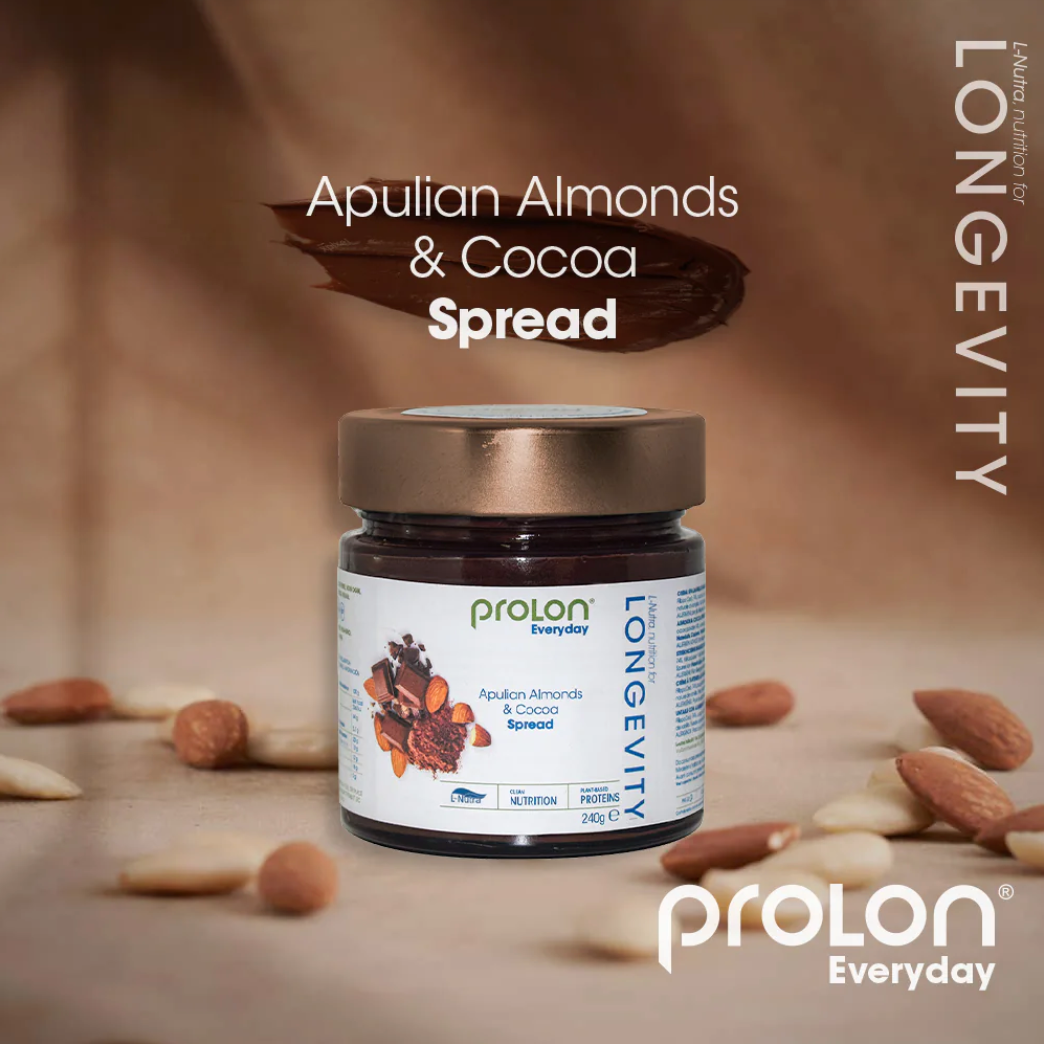 Jar of ProLon Longevity Spread made with Apulian almonds and cocoa, healthy natural protein snack