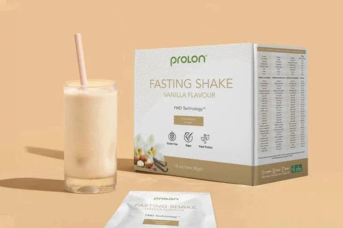 Vanilla flavor ProLon Fasting Shake box with glass of shake and straw, gluten-free vegan plant protein