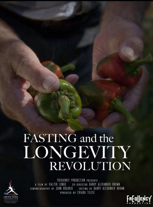 Hands holding fresh peppers with text Fasting and the Longevity Revolution documentary title overlay